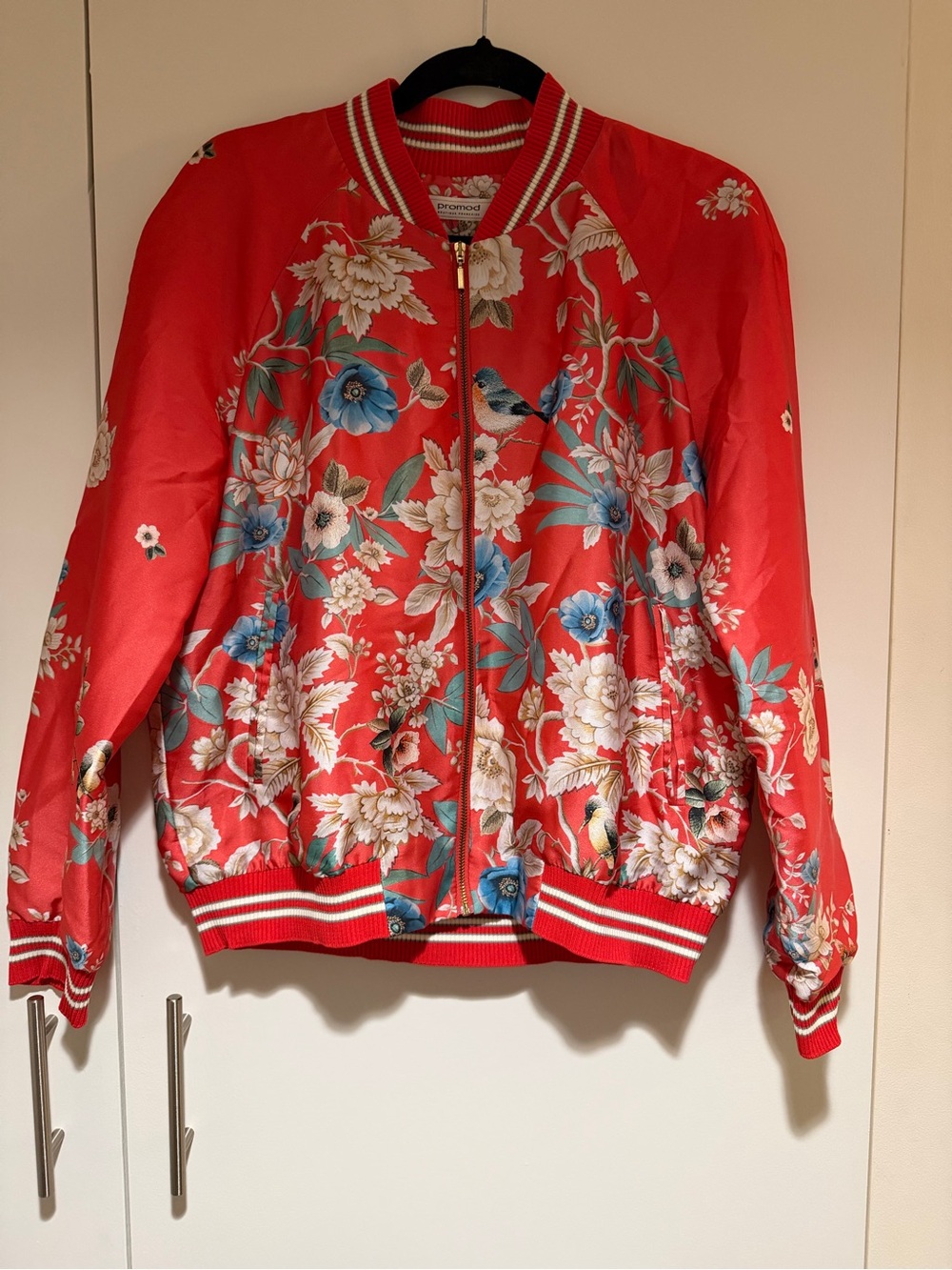 Promod Red Floral Bomber Jacket with Blue Accents